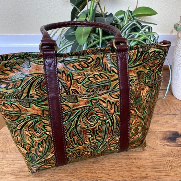 Patricia Nash Handbags - Patricia Nash Talloria Mediterranean Floral Hand Tooled Studded Leather Tote Bag
